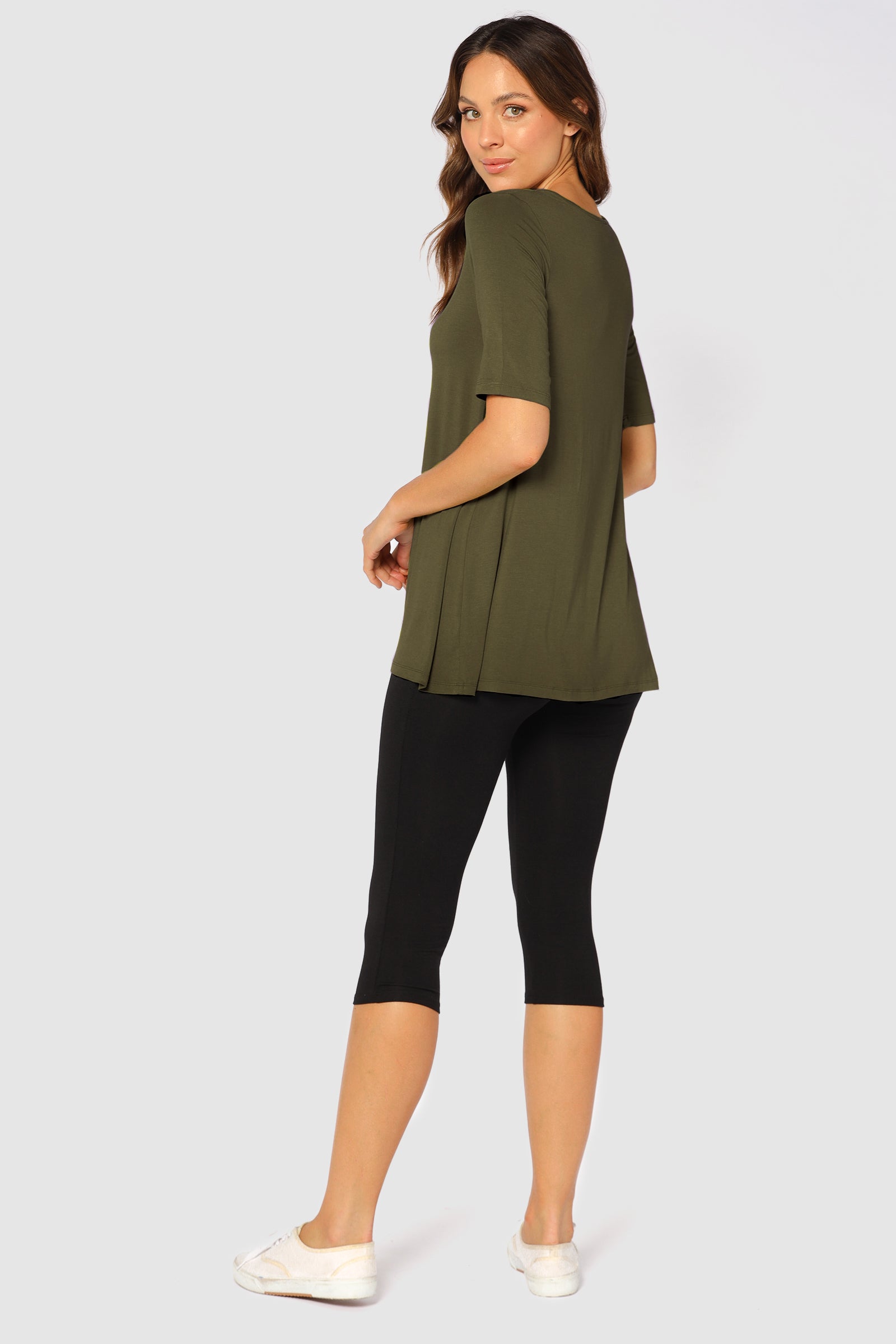 a back view of the soft bamboo leggings in 3/4 length