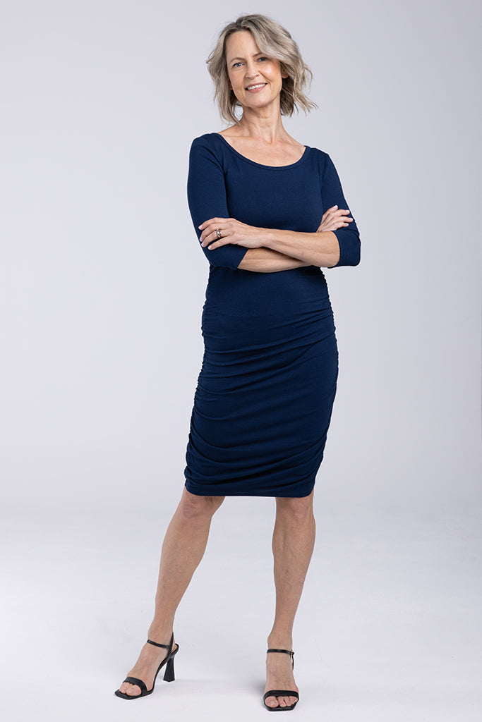 3/4 sleeve length navy dress with side ruching