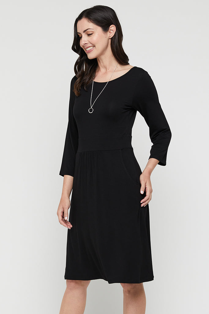 Black bamboo dress with high neckline and in built waistband