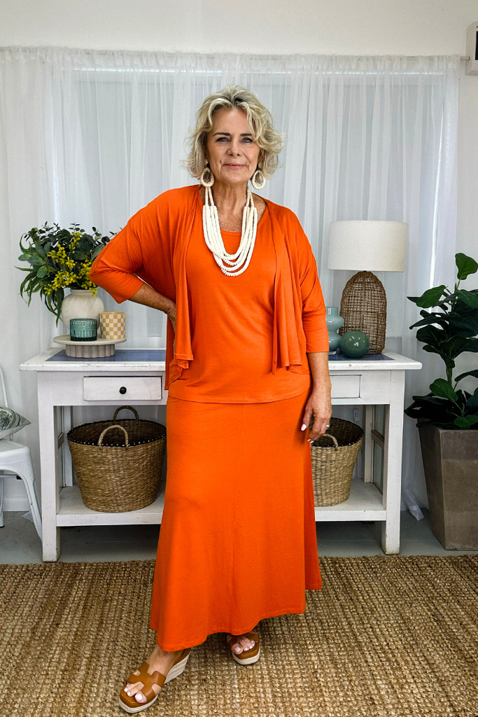 long bamboo skirt in bright orange colour
