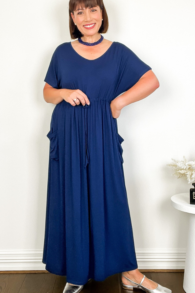 Bamboo navy dress with scooped v neckline.