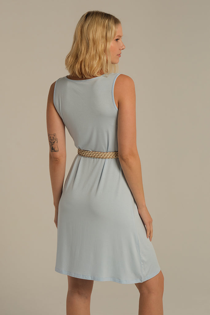 Casual weekend outfit featuring the Adele Dress in pastel blue.