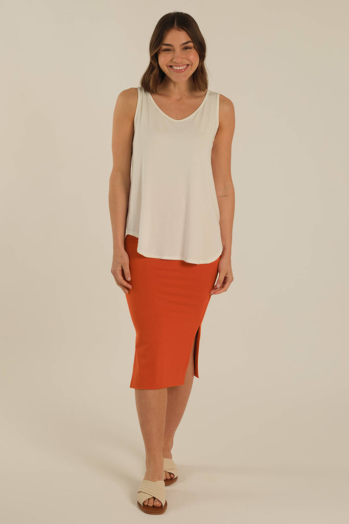 Cute flame red midi skirt with body hugging silhouette