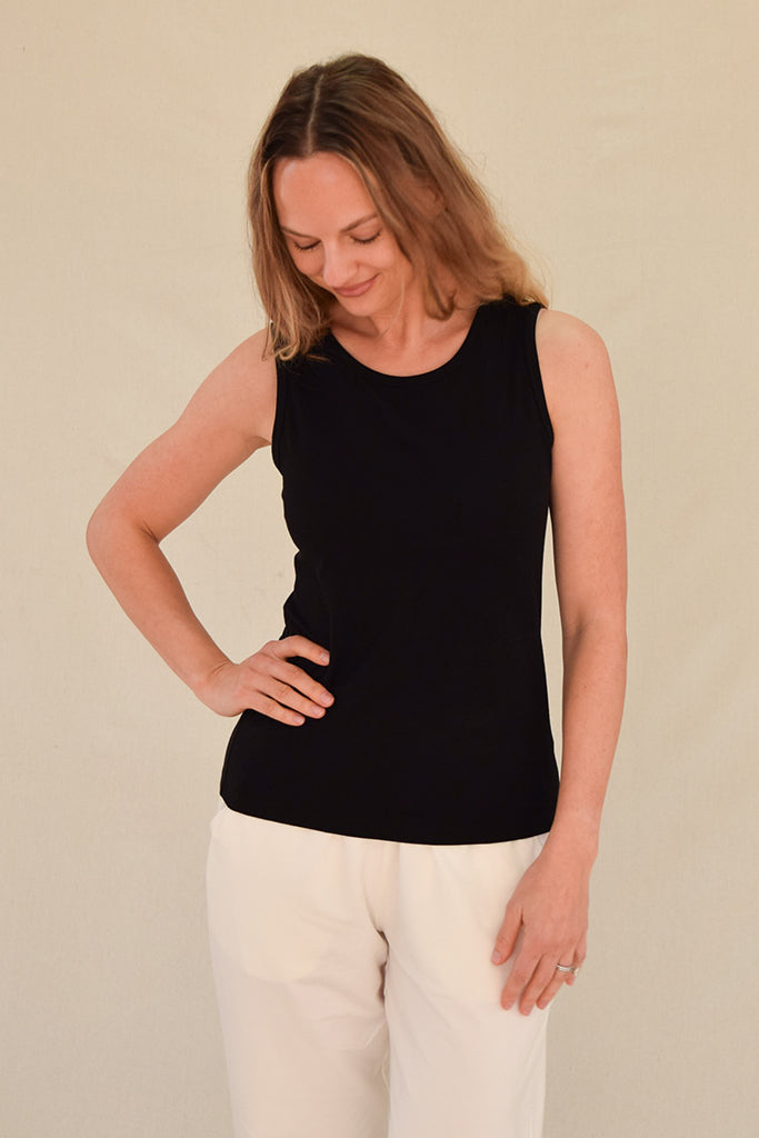 Close-up of bamboo Bobby Singlet neckline and straps, soft and comfortable fit