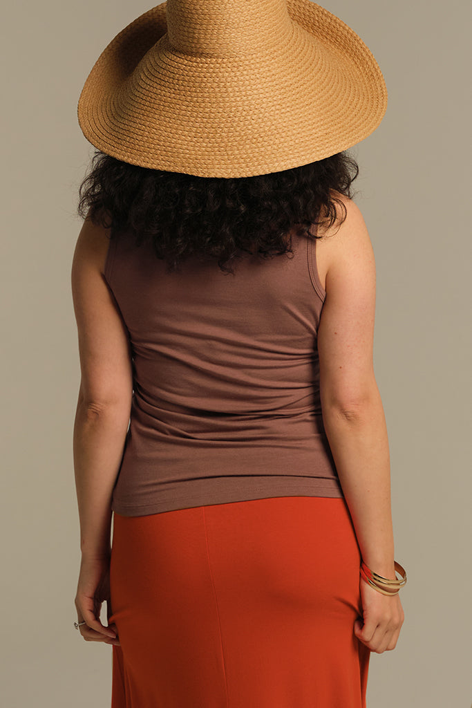 back view of brown fitted singlet with high neckline and thick shoulder straps