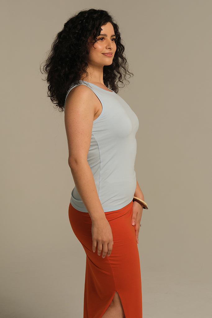 Powder Blue shaded tank top designed as a versatile trans-seasonal staple.
