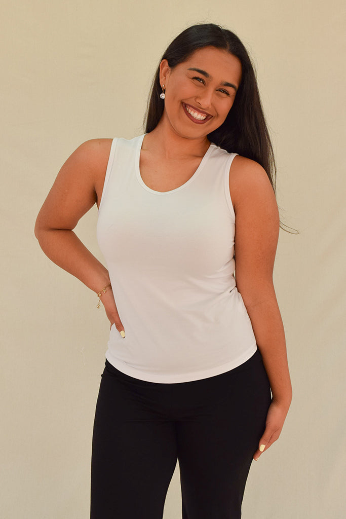 White bamboo Bobby Singlet with classic scoop neck and wide straps