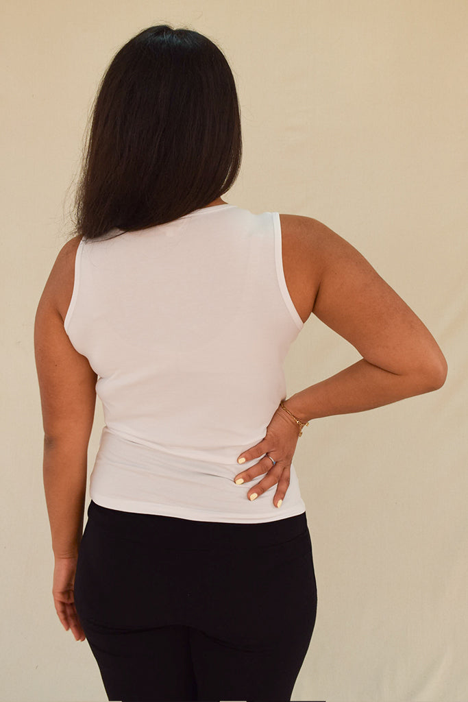 Back view of White sleeveless bamboo singlet, soft sustainable wardrobe staple