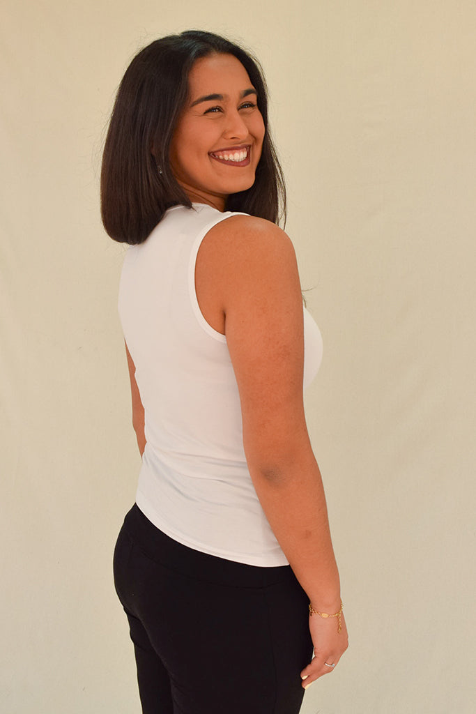 Side view of White bamboo singlet designed for comfort and style