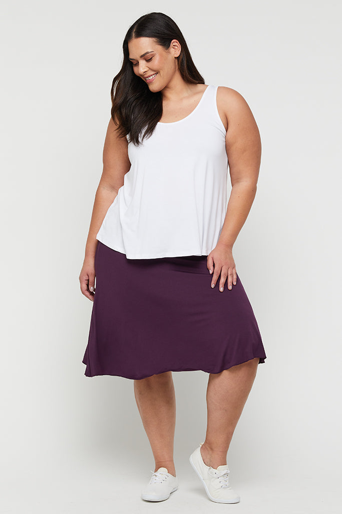 wide curvy mini skirt in plum colour
