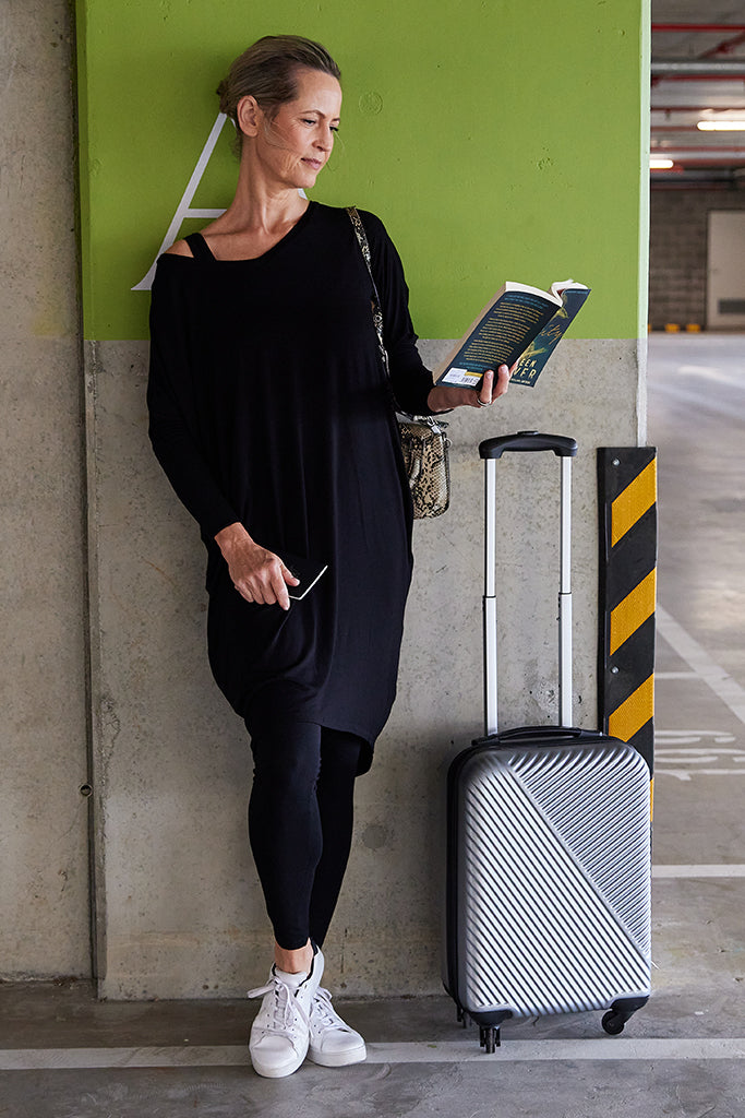 Black oversized bamboo dress for travel.