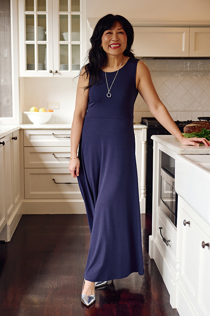 Everyday indigo sleeveless dress that combines comfort, softness, and timeless style