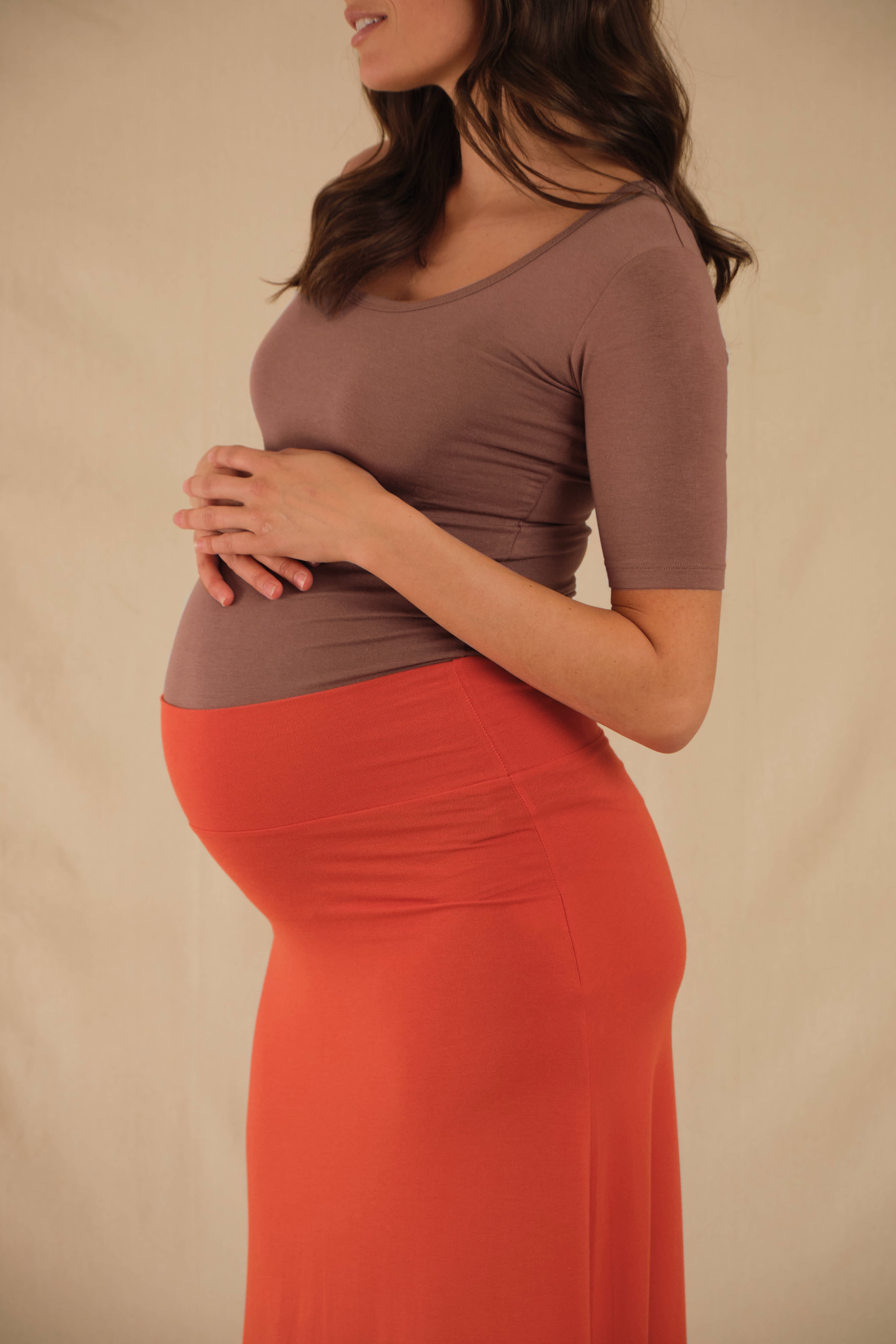 bump friendly maternity skirt in orange