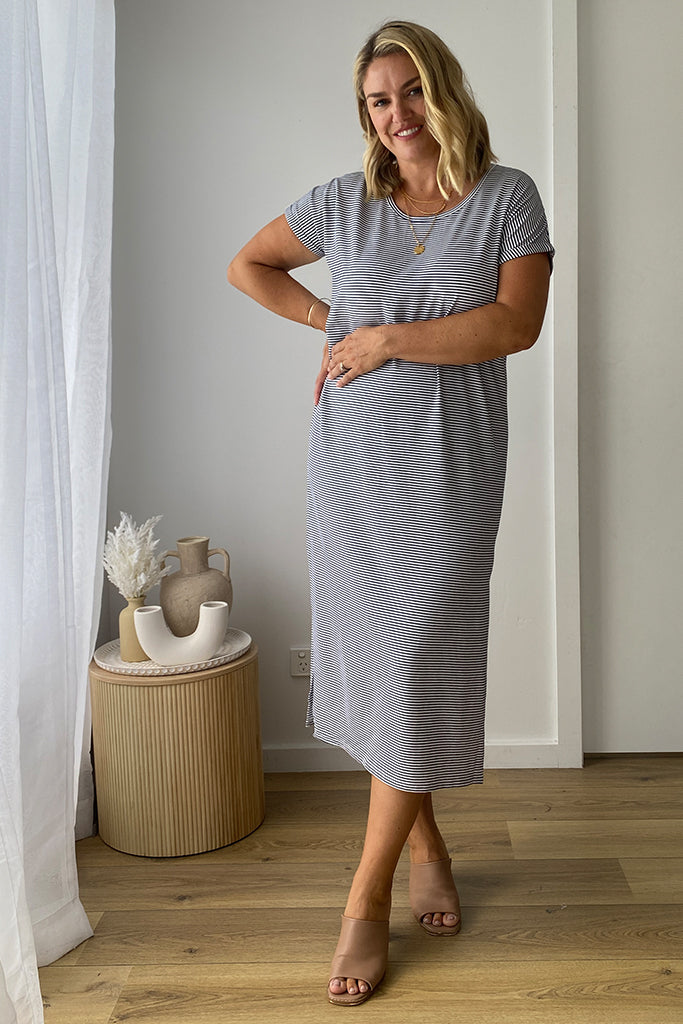 Striped bamboo maxi dress – versatile for casual days or beachwear