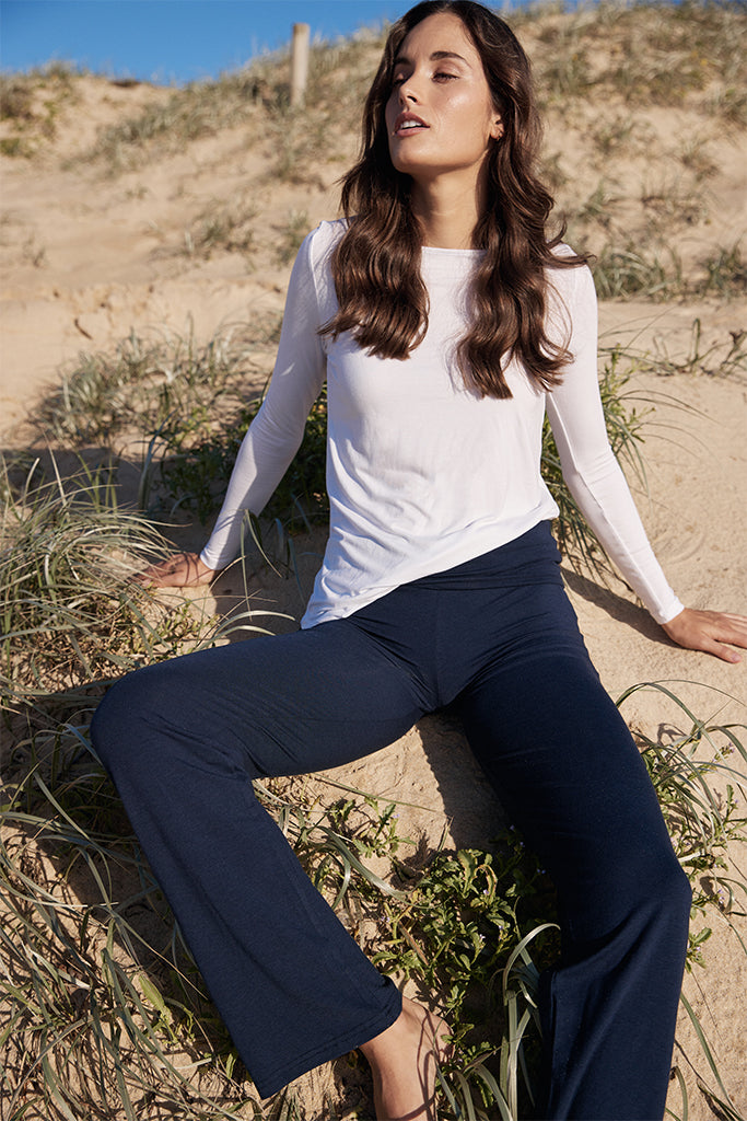 Comfortable waistband detail in navy bamboo blend for custom fit