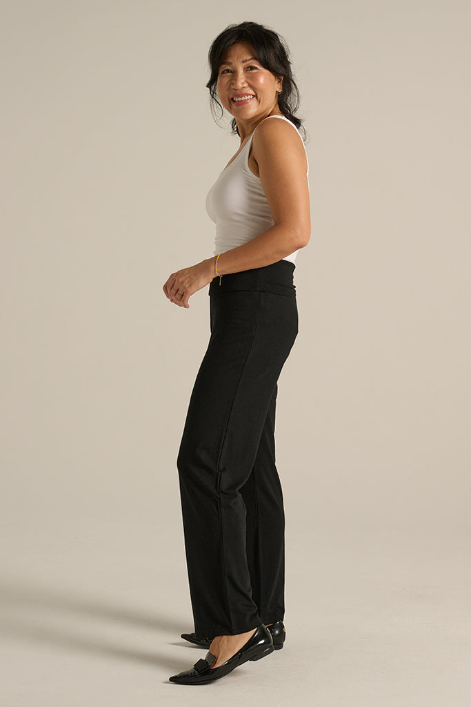 Black bamboo pants with fold-over waistband and full-length straight-leg design