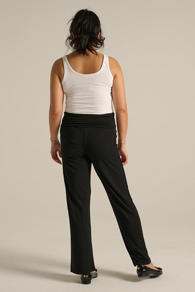Back view of black bamboo pants with smooth finish and flattering fit in petite length