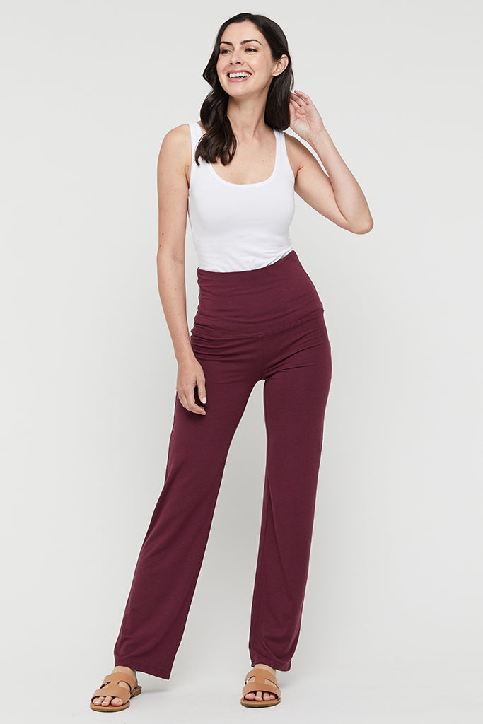 Straight-leg burgundy pants in bamboo cotton blend for everyday wear
