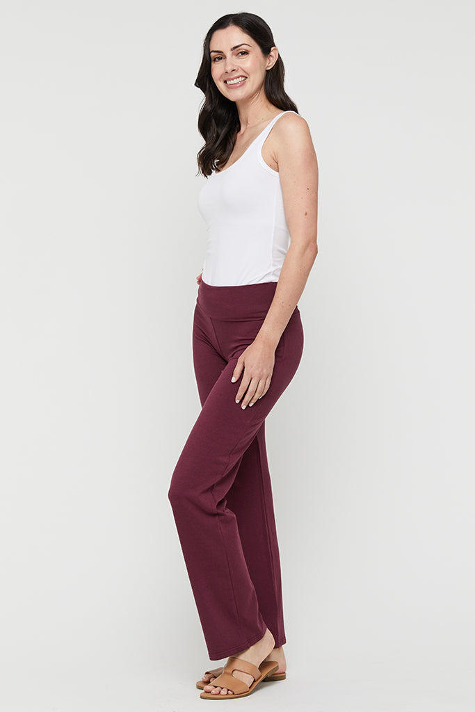 Burgundy bamboo lounge pants styled for work-from-home or travel