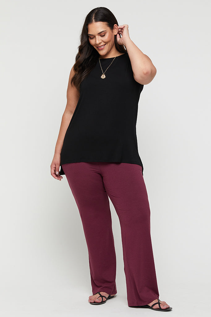 Burgundy bamboo pants with full-length straight legs and fold-over waistband