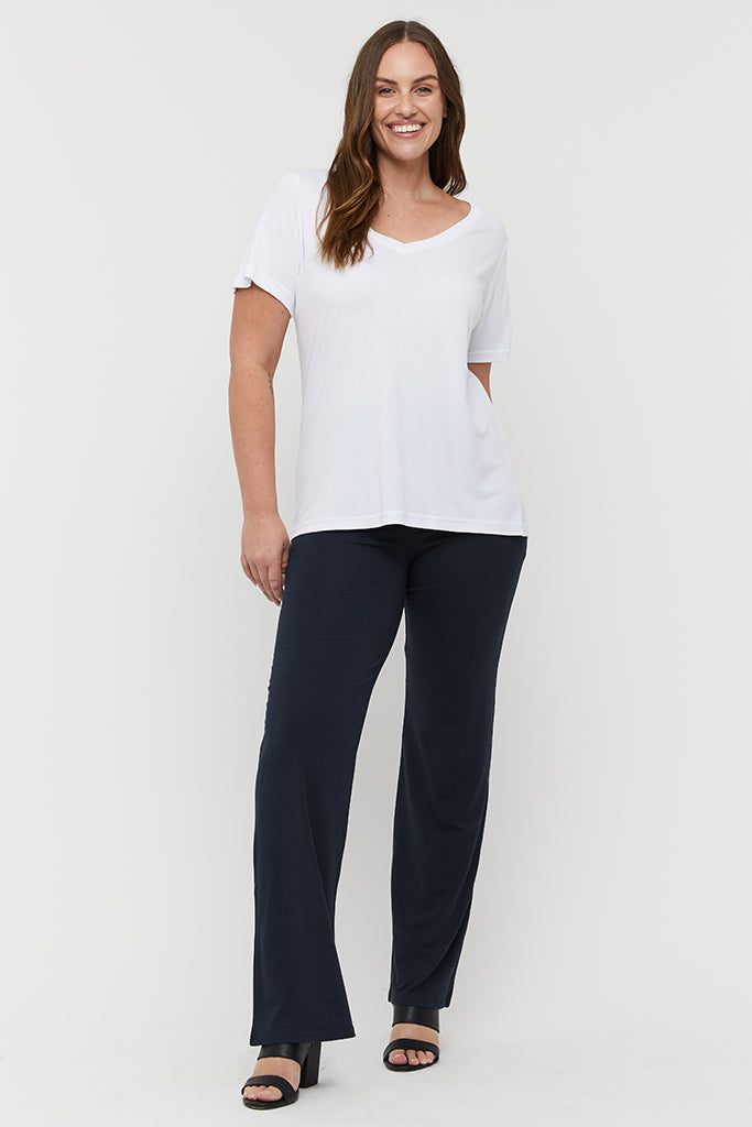 Classic navy bamboo pants with fold-over waist and clean silhouette