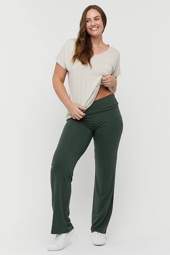 High-waisted bamboo pants in forest green with straight-leg silhouette and wide waistband