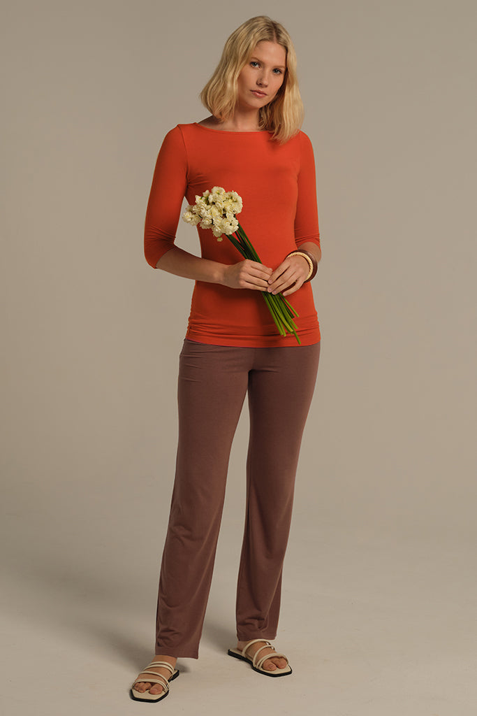 Eco-friendly mocha bamboo pants with a comfy waistband and clean silhouette