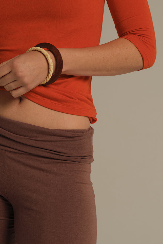 light brown bamboo essential pants with soft fold-over waistband