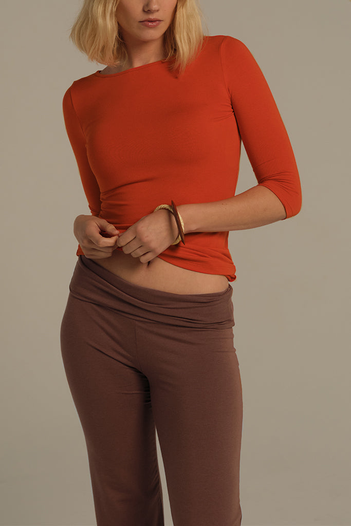 High-waisted bamboo pants in soft light brown with fold-over waistband