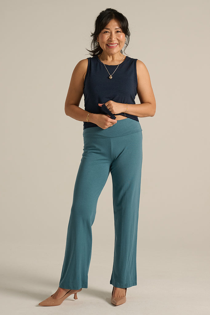 Ocean blue high-waisted bamboo pants with a relaxed straight-leg design