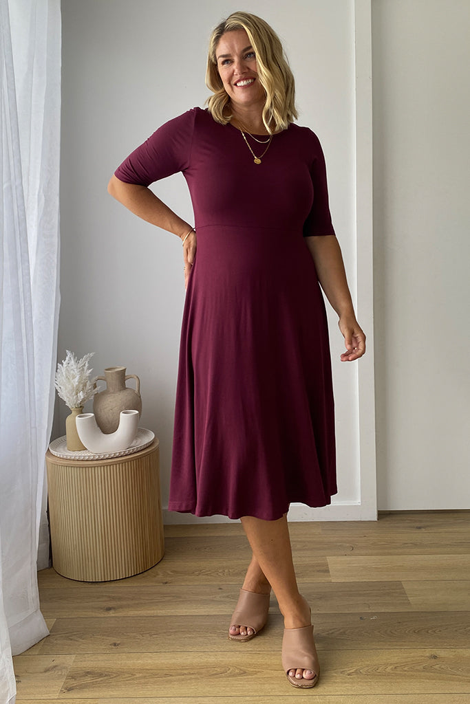 Bamboo midi dress in rich burgundy made from soft bamboo fabric.