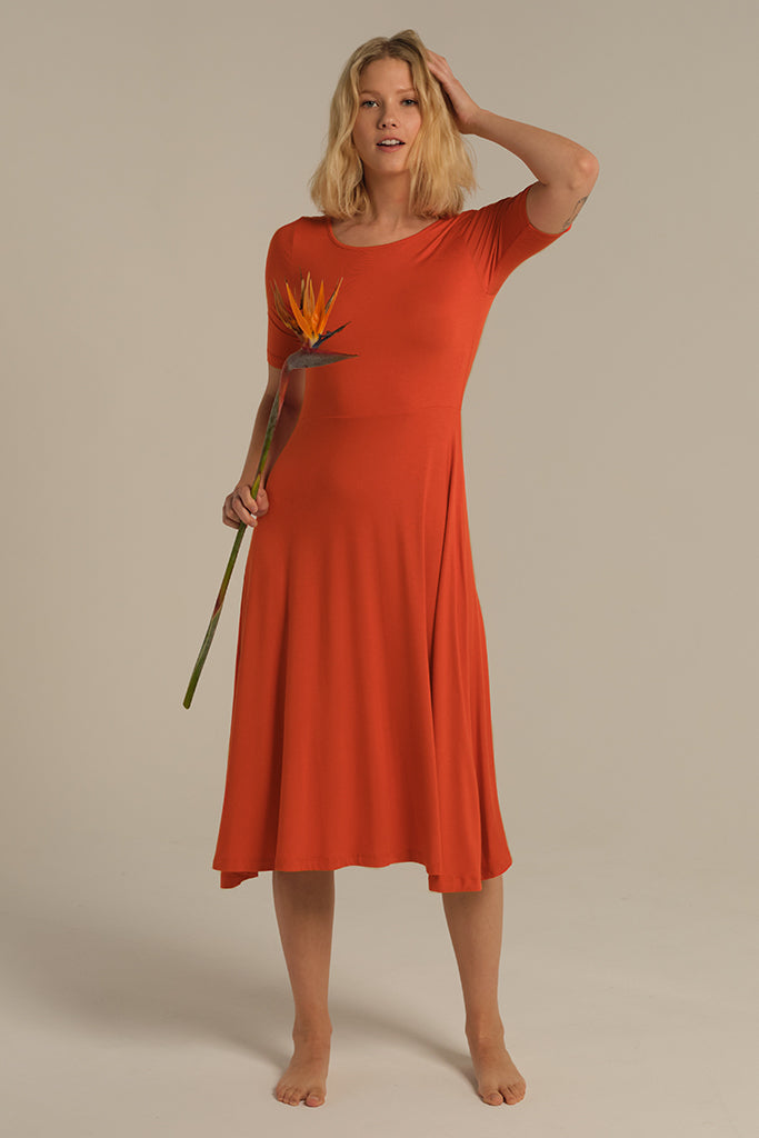 Orange midi dress - comfortably soft for sensitive skin.