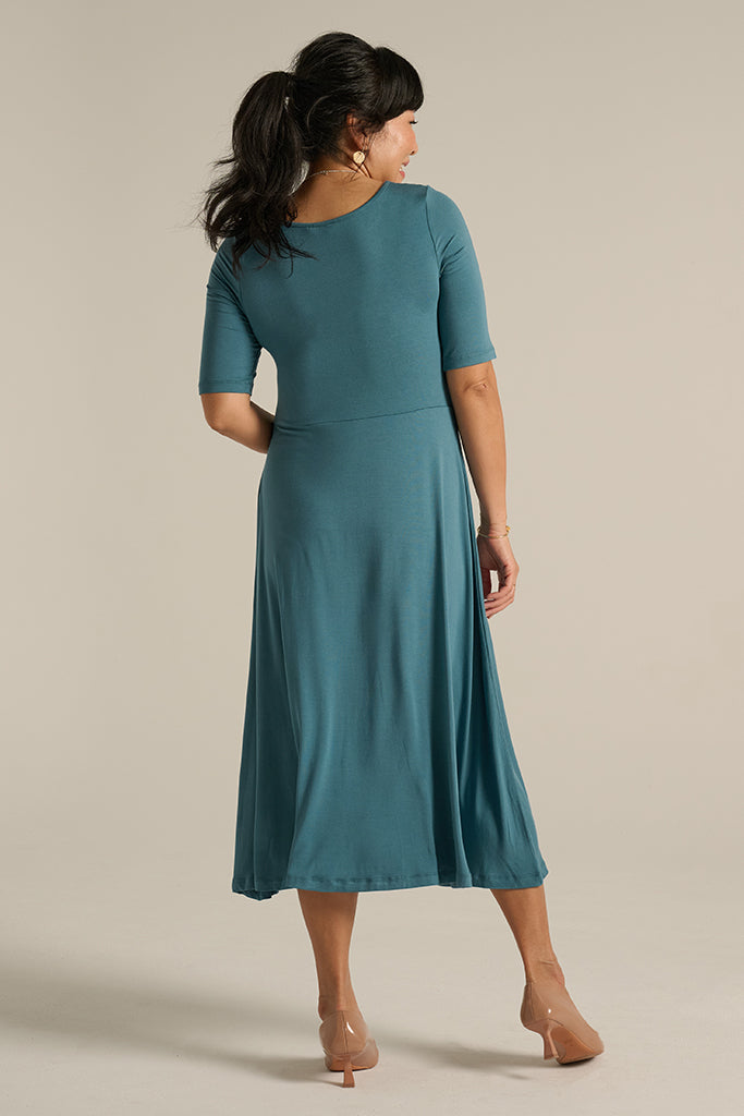 Back view of comfortable and stretchy bamboo midi dress.