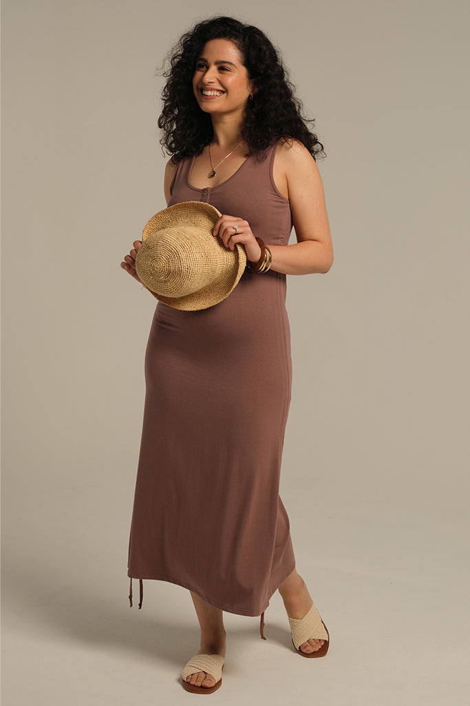 Comfortable bamboo tank dress in Mousse, shown styled for weekend outings.