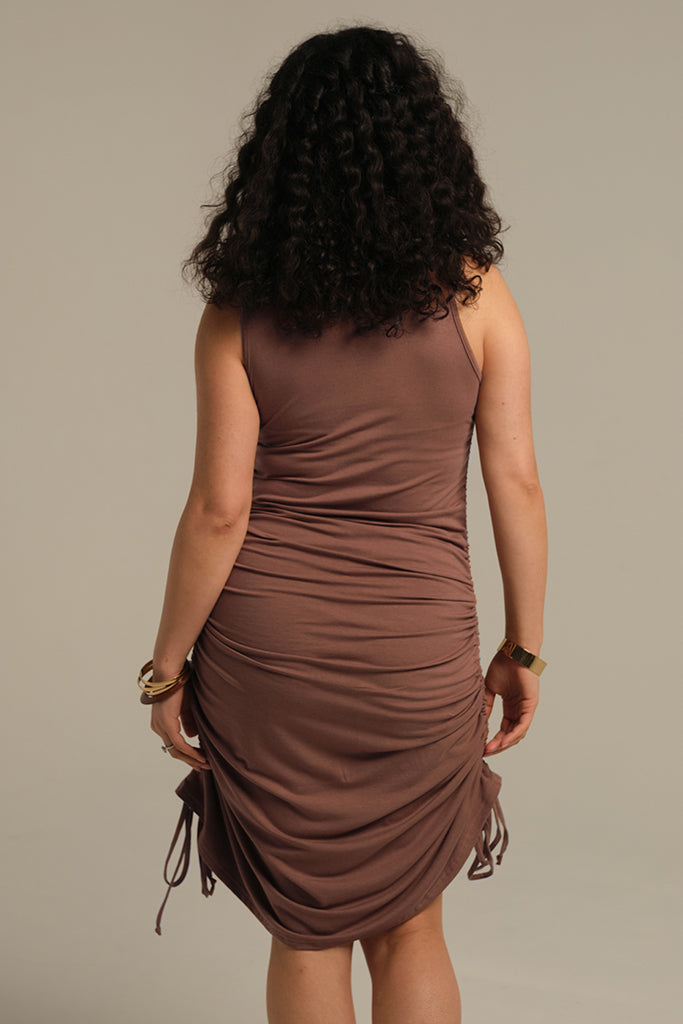 Back view of bamboo tank dress in Mousse, showing flattering and smooth drape.