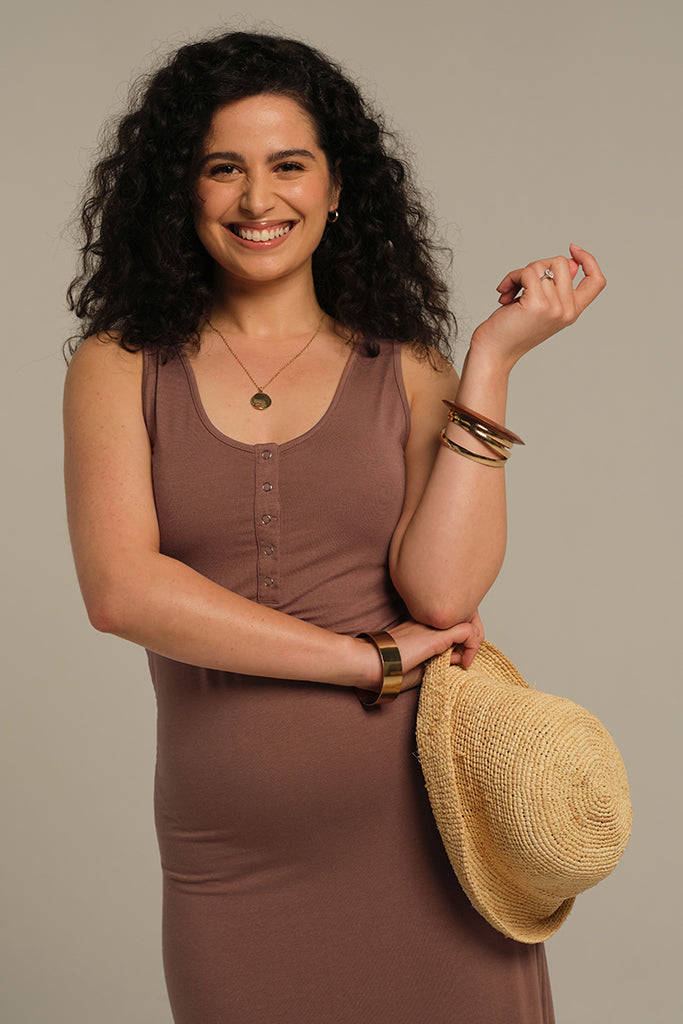Neutral bamboo dress in Mousse styled for warm weather