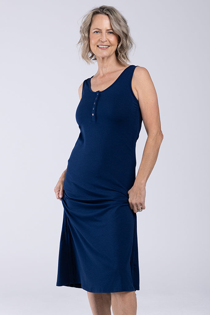 Bamboo Henley Tank Dress in navy – sleeveless midi with adjustable ruching