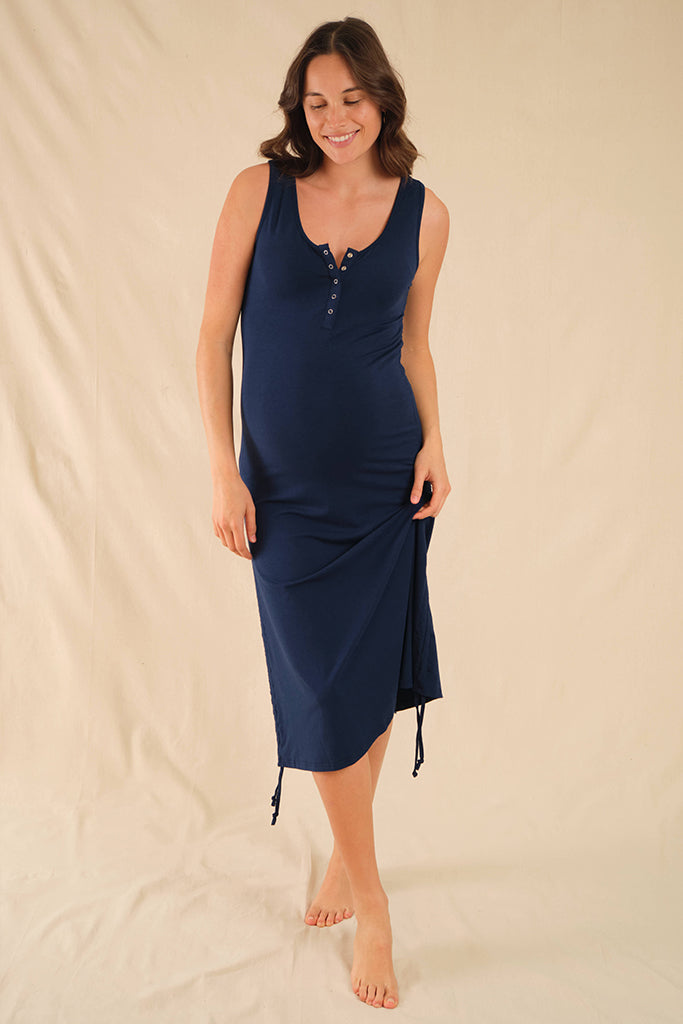 Bamboo Body navy Henley maternity dress with stretch fabric