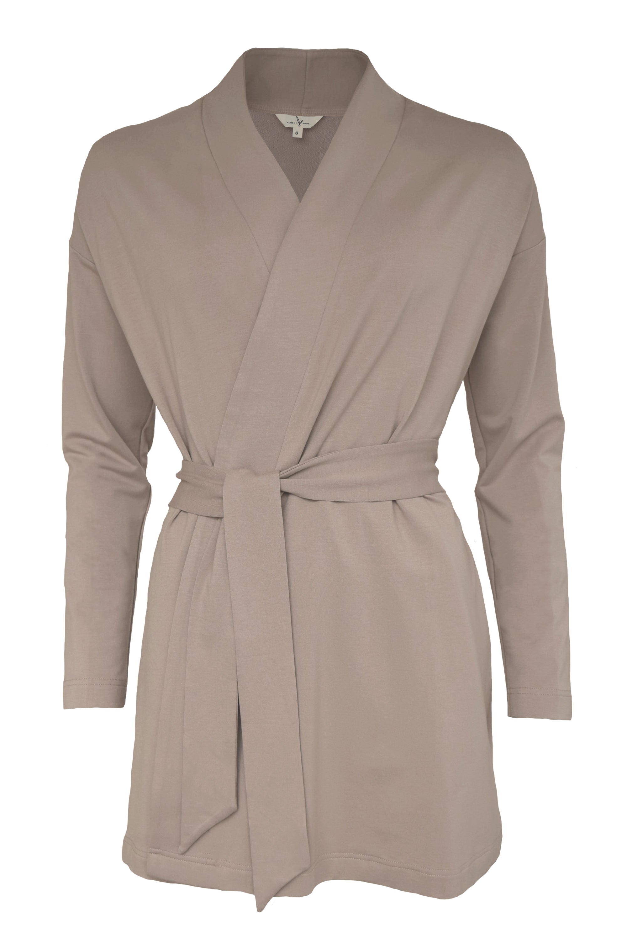 Taupe bamboo cardigan with a belt on a white background