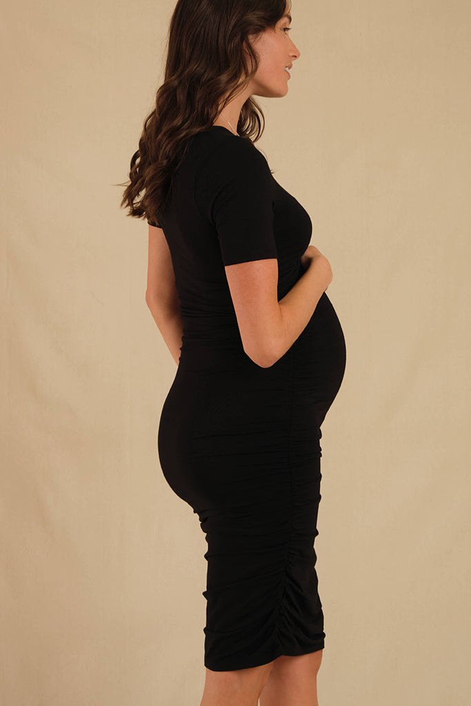 Maternity bamboo dress featuring ruching along the sides