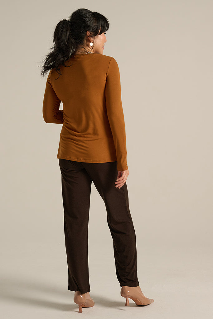 Essential bamboo pants in chocolate with clean lines and gentle drape