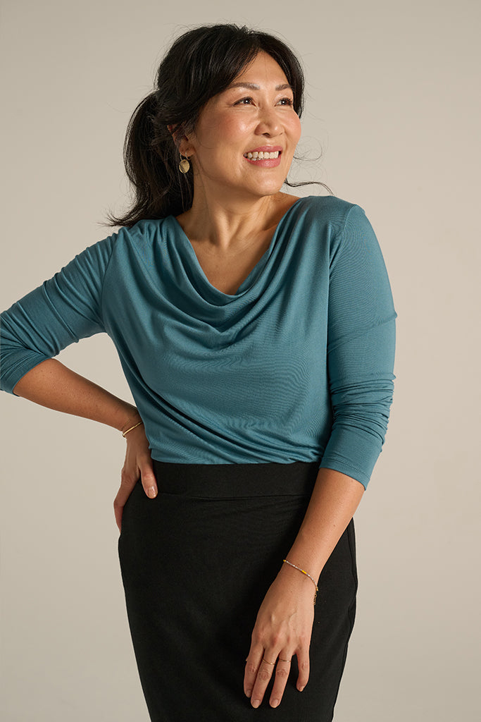 Long Sleeve Cowl Neck Top - Ocean