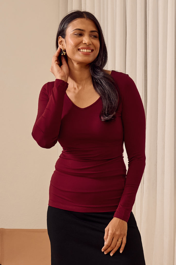 Long Sleeve V Neck - Rich Red