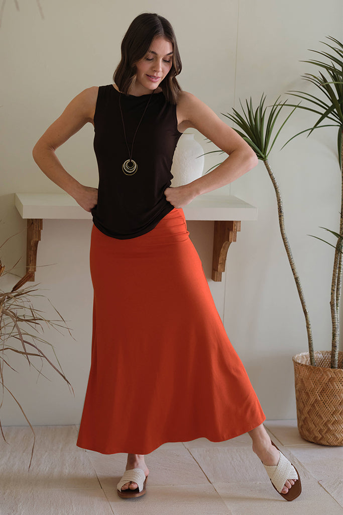 flame red skirt paired with the chocolate tank top