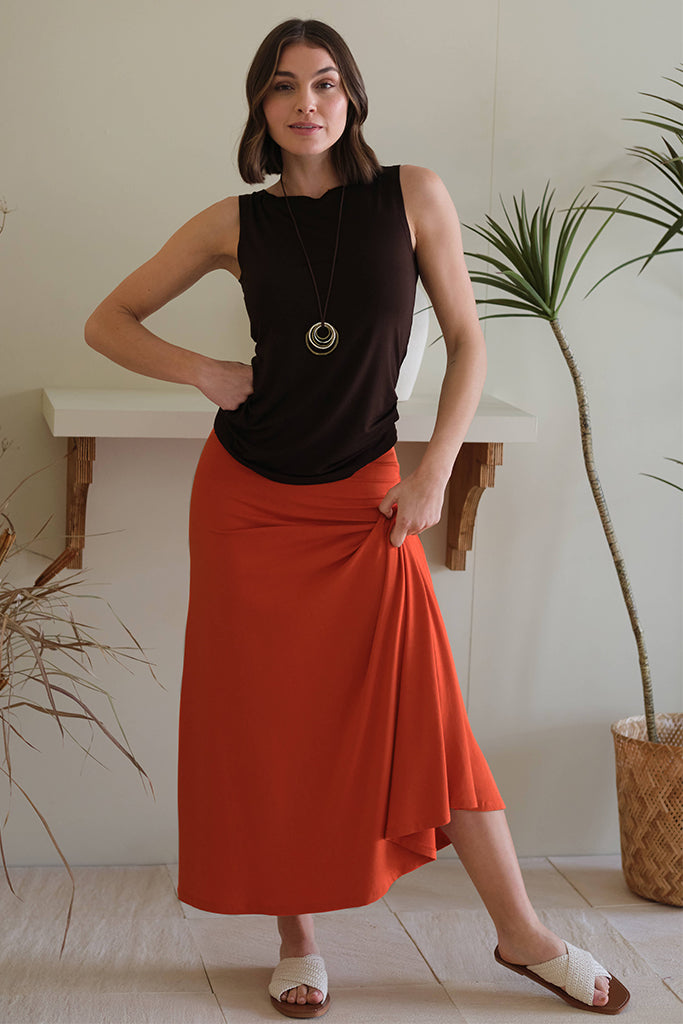orange maxi skirt with flowy silhuette