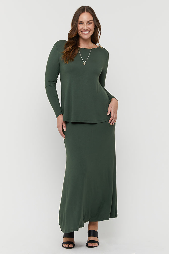 long flowy bamboo skirt in forest green shade