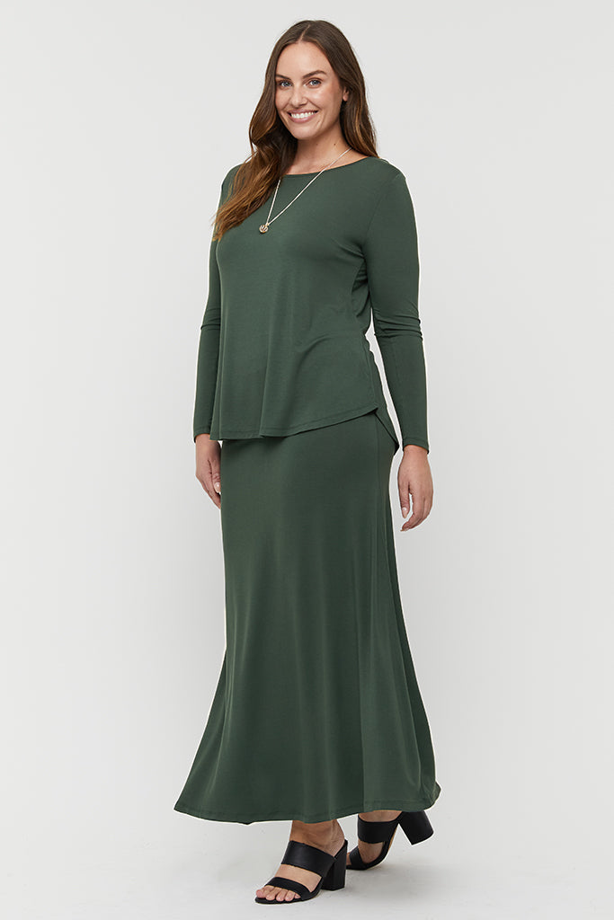 long bamboo skirt paired with matching long sleeve top