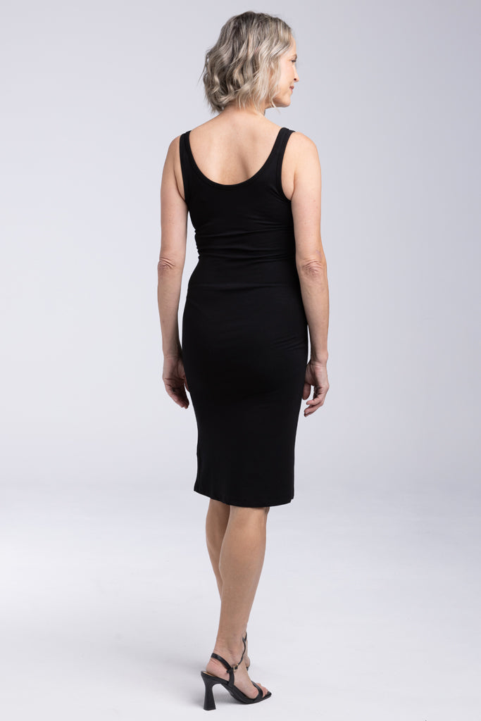 Back view of fitted sleeveless bamboo dress in black.
