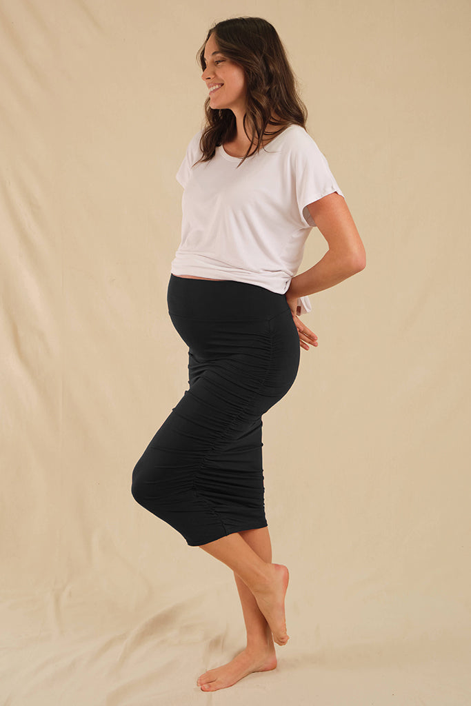 Long Ruched Maternity Skirt - Black