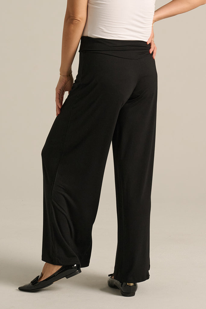 back view of the luxe bamboo pants featuring a wide leg and foldable waistband